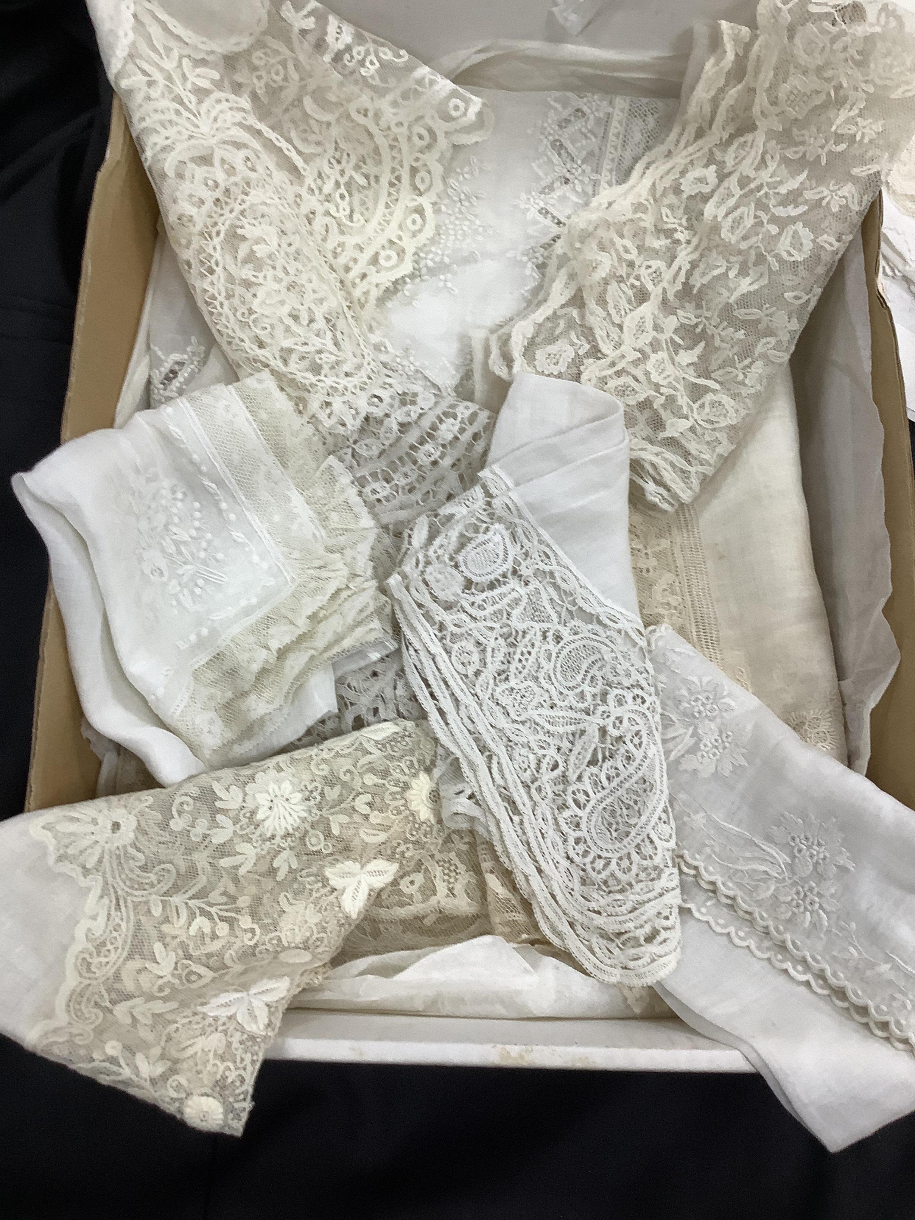 A collection of seventeen mixed late 18th, 19th and early 20th century wedding hankies. Mostly with fine lawn centres, some lace trimmed, white worked or monogram embroidered, together with a needle run on net baby bonne